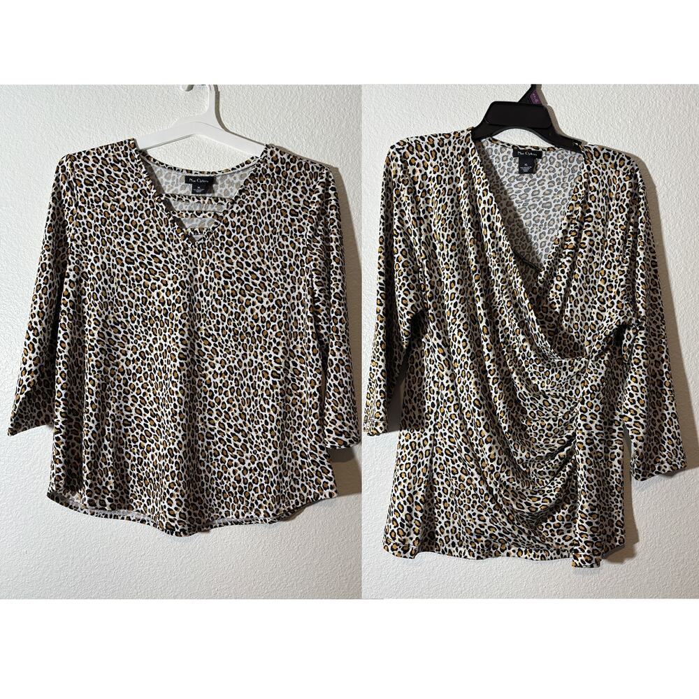 Nue Options Lot of 2 Size XL Cheetah Leopard Animal Print 3/4 Sleeve Blouse Tops